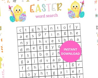 May include: A white Easter-themed word search puzzle with a grid of letters. The title "EASTER word search" is at the top, with cartoon chicks and Easter eggs. A pink circle says "INSTANT DOWNLOAD".