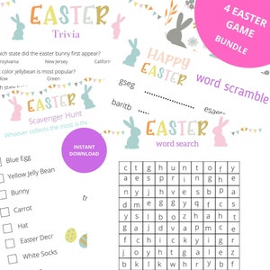 May include: A printable Easter game bundle with trivia, scavenger hunt, word scramble, and word search. The design features pastel colors, Easter bunnies, and decorative bunting. Includes an instant download option.