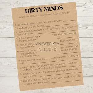 Peut inclure: Une carte en papier brun avec le texte "Dirty Minds" et une liste de devinettes avec des r&eacute;ponses. Le texte "Answer Key Included!" est &eacute;galement sur la carte.
