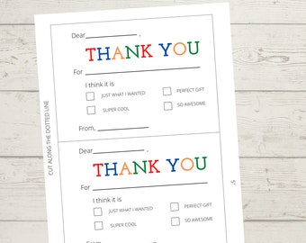 Kids Fill-In Thank You Cards, Printable Gratitude Notes (Instant Download)