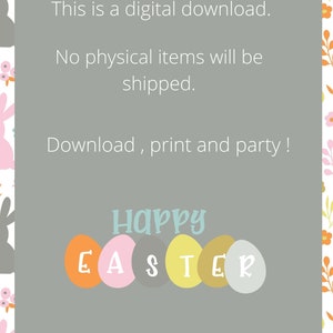May include: Digital Easter-themed download with a gray background and floral border. The text reads "Happy Easter" with colorful egg graphics. Additional text states, "This is a digital download. No physical items will be shipped."