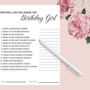 How well do you know the birthday girl, Who knows birthday girl the best, Birthday Party games, Fun Games, Trivia, Printable, girl