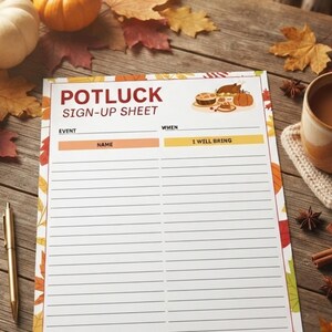 Pode incluir: Uma folha de inscrição para um potluck com uma borda temática de outono, apresentando folhas e uma pequena ilustração de um banquete. O documento inclui cabeçalhos para evento, quando, nome e o que trazer, com seções pautadas.