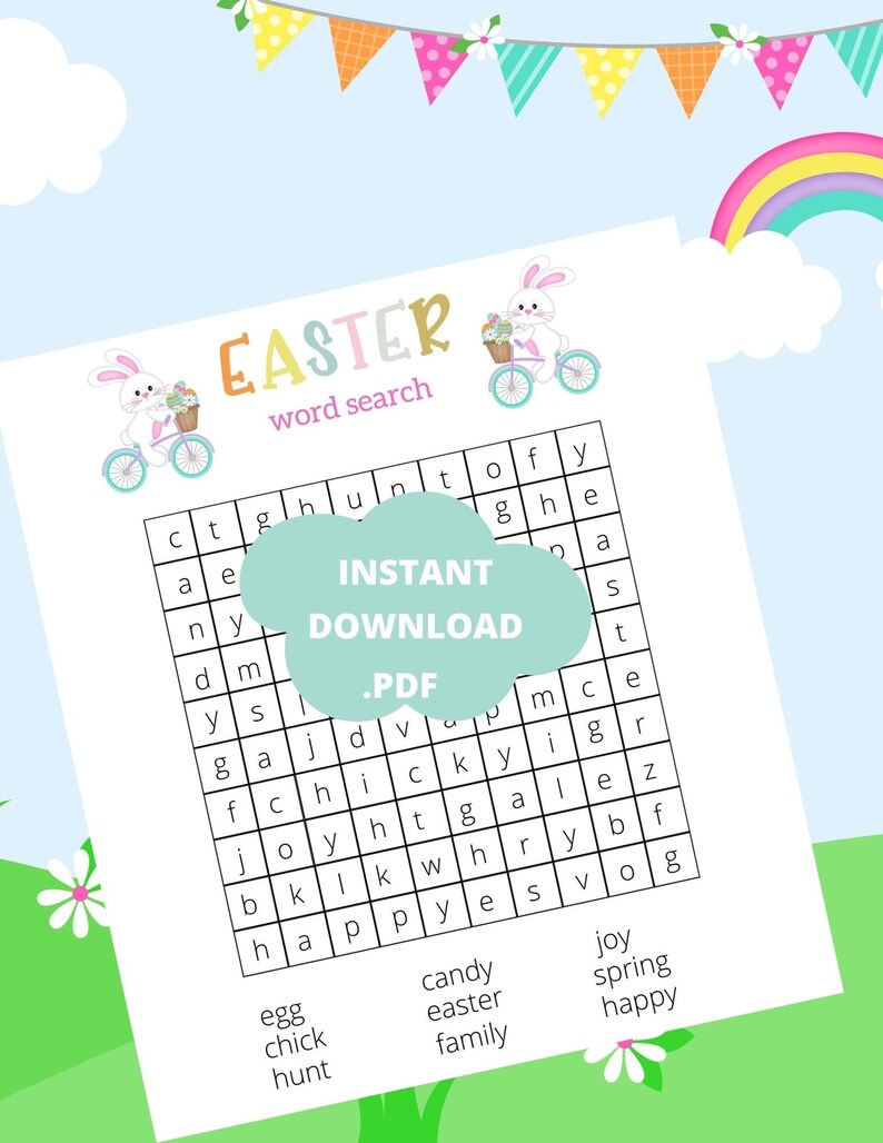 May include: Easter-themed word search printable. The design features a pastel color scheme with a rainbow, clouds, and a bunny riding a bicycle. The words to find are listed at the bottom. The text "INSTANT DOWNLOAD .PDF" is in the center.