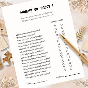 Baby Shower games, Mommy or Daddy, Minimalist baby shower game, Fun Games, gender reveal party games, Who said it, Guess who