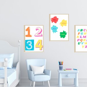 Paquete de 3 carteles infantiles, decoración ABC, carteles de aprendizaje, tabla de números, carteles de aprendizaje, decoración de aula imprimible, decoración de sala de juegos, arte infantil