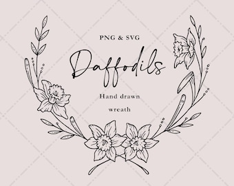 Daffodils Wreath | Botanical Hand Drawn Illustrations | Floral Wedding Garland | ClipArt Vector Set SVG and PNG | Immediate Download