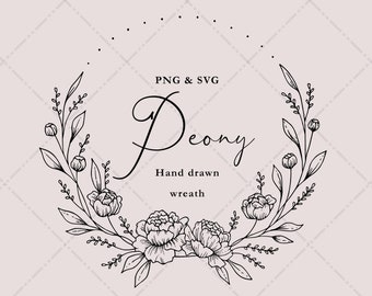 Pionkrans | Handritade botaniska illustrationer | Blommig bröllopsgirlang | ClipArt-vektorset SVG och PNG | Omedelbar nedladdning