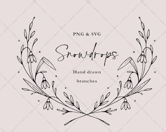 Snödroppar med grenar | Handritade botaniska illustrationer | Blommiga bröllopsgrenar | ClipArt-vektorset SVG och PNG | Omedelbar nedladdning