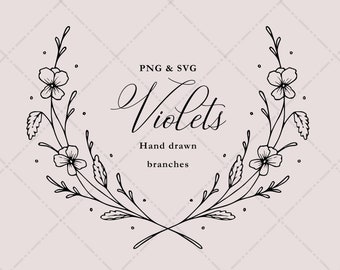 Violer och grenar | Handritade botaniska illustrationer | Blommiga bröllopsgrenar | ClipArt-vektorset SVG och PNG | Omedelbar nedladdning