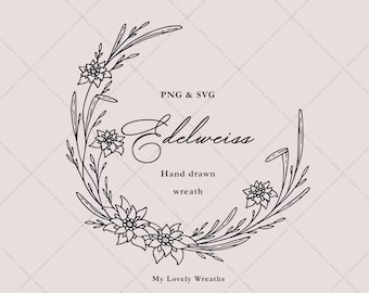 Edelweiss-krans | Handritade botaniska illustrationer | Blommig bröllopsgirlang | ClipArt-vektorset SVG och PNG | Omedelbar nedladdning