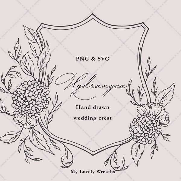 Hydrangea Shield Sign | Wedding Crest | Hand Drawn Illustrations | Floral Crest | ClipArt Vector Set SVG and PNG | Immediate Download