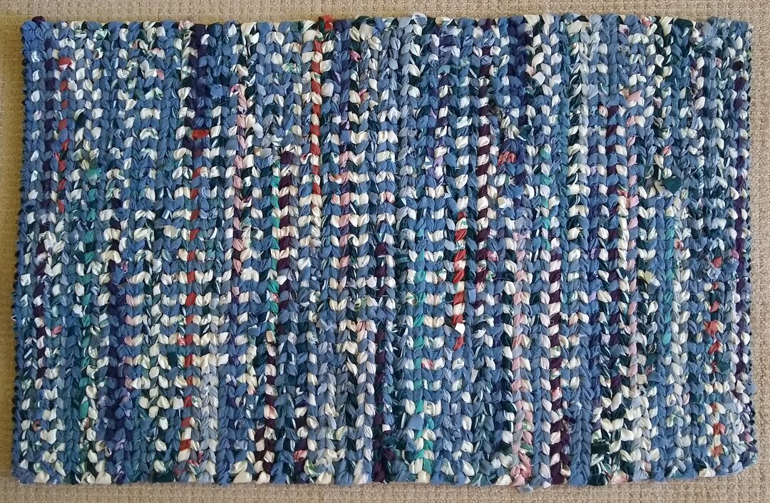 Twining Rag Rug Hand Woven Rag Rug, Twined Upcycled Fabric, Blue Multicolor (23x35) - Etsy