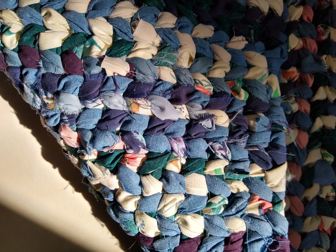 Hand Woven Rag Rug, Twined Upcycled Fabric, Blue Multicolor (23x35) - Etsy