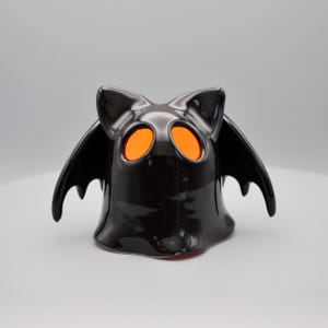 Handmade Ceramic Ghost Tealight Holder – Light-Up Ghost Figurine, Whimsical Art Gift (Black Bat)