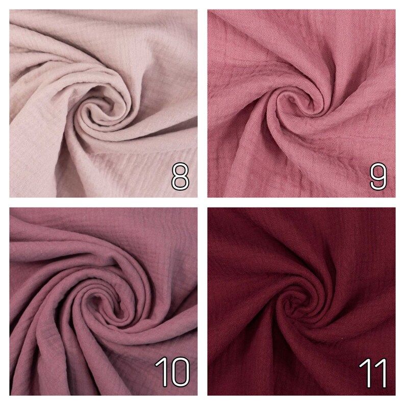 May include: Four fabric swatches in different shades of pink and red. The swatches are arranged in a grid with numbers 8, 9, 10, and 11 in the bottom right corner of each swatch.