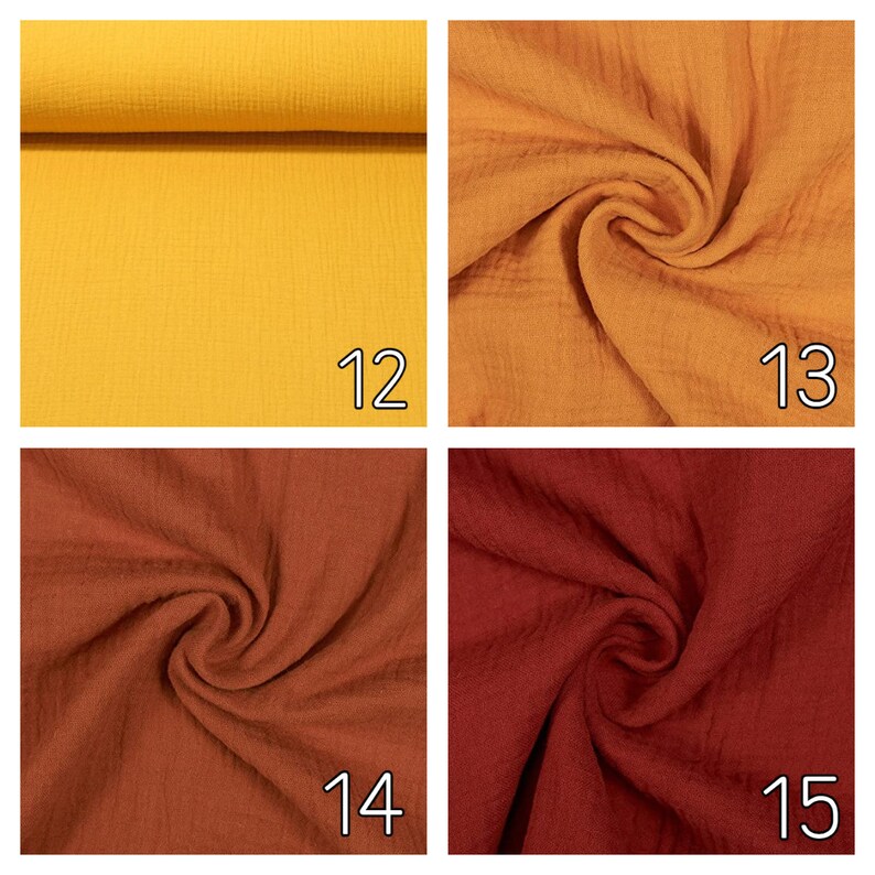 May include: Four fabric swatches in different shades of yellow, orange, and red. The swatches are labeled with numbers 12, 13, 14, and 15.