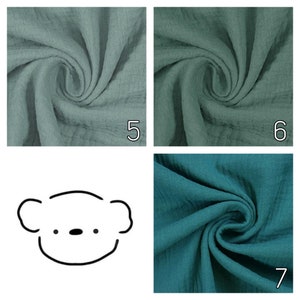 May include: Three fabric swatches in different shades of green. The swatches are folded and twisted to show the texture of the fabric. The swatches are labeled 5, 6, and 7.