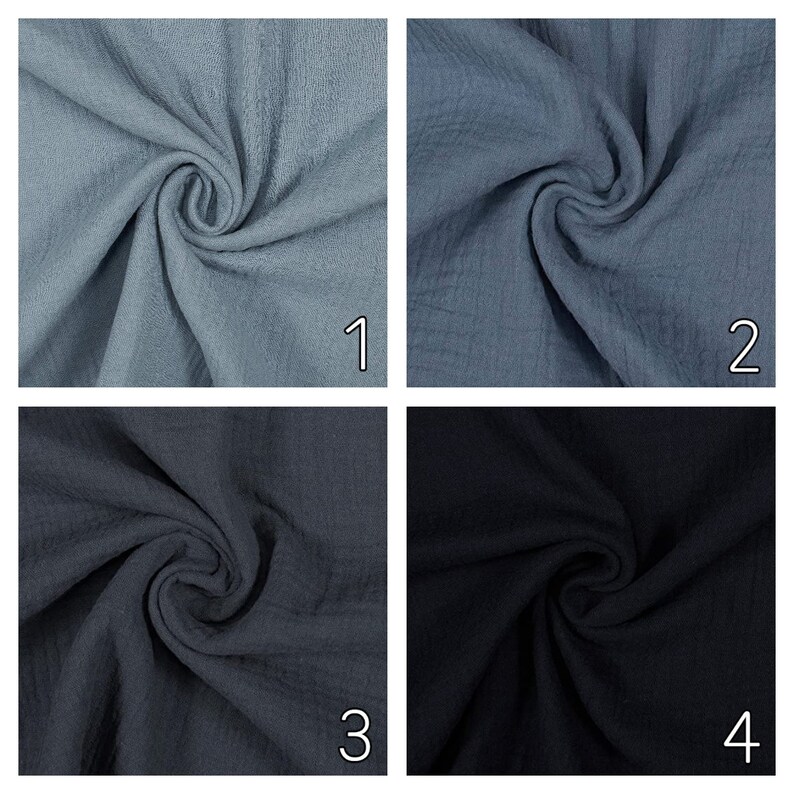 May include: Four fabric swatches in different shades of blue. The swatches are arranged in a grid with numbers 1 through 4 in the bottom right corner of each swatch.