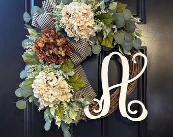 Hydrangea Grapevine Wreath: Personalized Monogram Door Decor