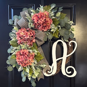 Hydrangea Grapevine Wreath with Monogram - Year Round Front Door Decor