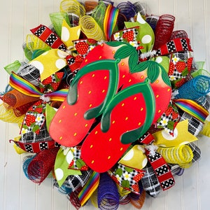 Summer wreath, colorful summer wreath, summer flip flop wreath, buffalo check summer front door wreath,  summer wreath, summer door decor