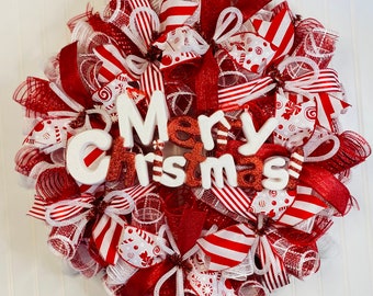 Peppermint Christmas Wreath - Holiday Front Door Decor - Candy Cane Red White wreath - Mesh Decoration