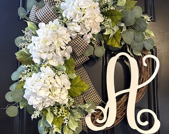 Hydrangea Grapevine Wreath: Personalized Monogram Door Decor