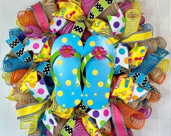 Summer wreaths for front door, summer wreath, summer decor, summer door hanger, flip flops wreath, summer wreath, summer door wreath