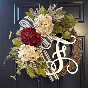 Hydrangea Grapevine Wreath with Monogram - Front Door Decor