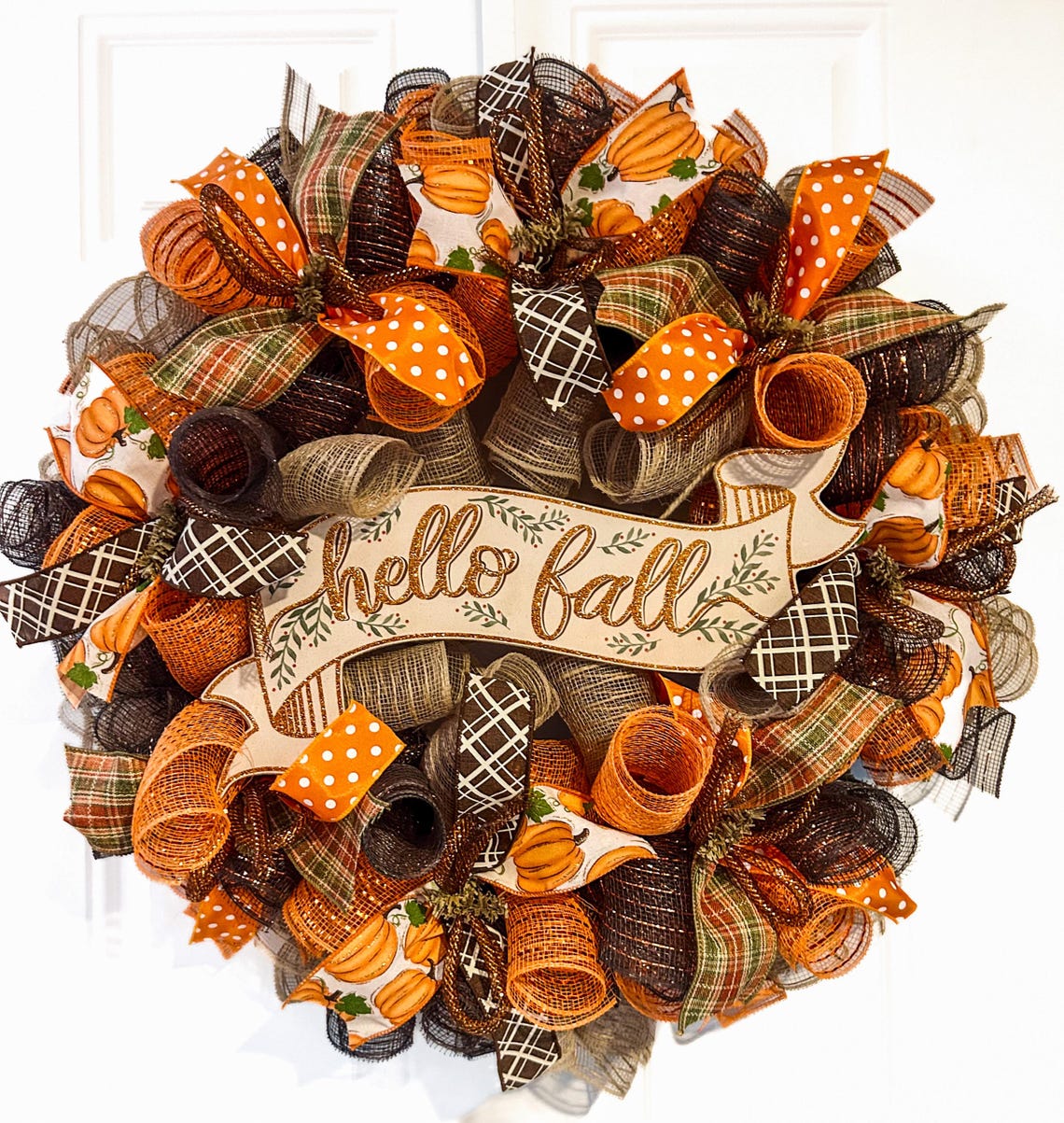 Fall Thanksgiving Mesh Front Door Wreath - Orange Brown Burlap Wreath ...
