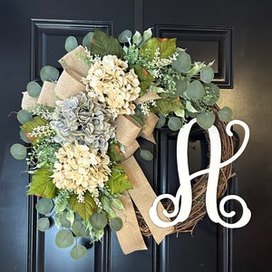 Hydrangea Grapevine Wreath: Personalized Monogram Door Decor
