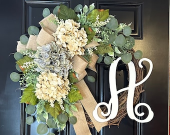 Hydrangea Grapevine Wreath: Personalized Monogram Door Decor