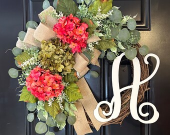 Hydrangea Grapevine Wreath: Personalized Monogram Door Decor
