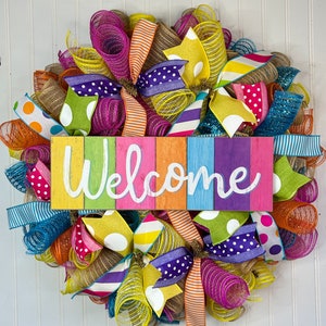 Rainbow welcome wreath for front door, summer wreath, front door wreath, rainbow welcome wreath, spring decor, summer decor