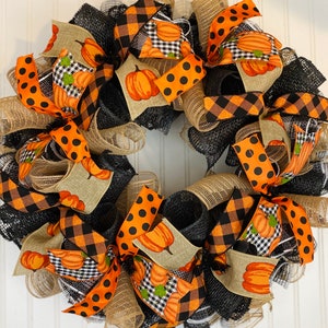 Farmhouse Pumpkin Wreath: Fall Door Hanger, Autumn Decor