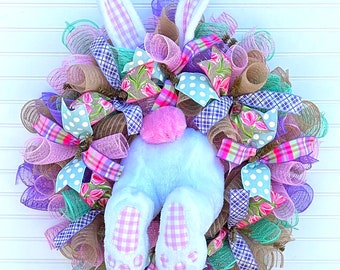 Pink Plaid Easter Bunny Wreath, Bunny Wreath, Bunny Butt Wreath, Easter Decorations, Easter swag, Bunny Swag, Front door Wreath