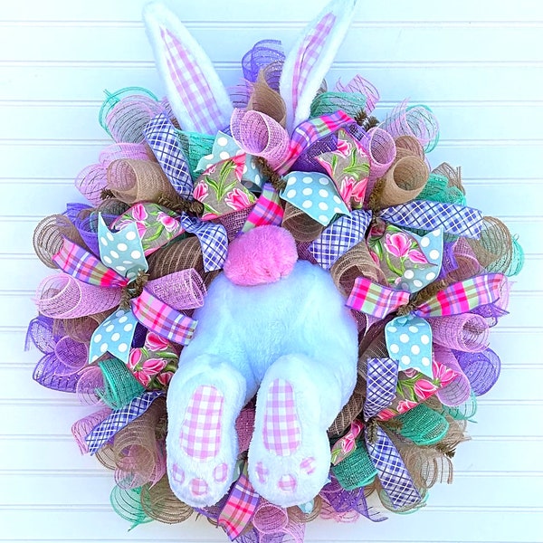 Pink Plaid Easter Bunny Wreath, Bunny Wreath, Bunny Butt Wreath, Easter Decorations, Easter swag, Bunny Swag, Front door Wreath