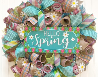 Daisy Spring Wreath for Front Door, Burlap Deco Mesh, Wired Ribbon