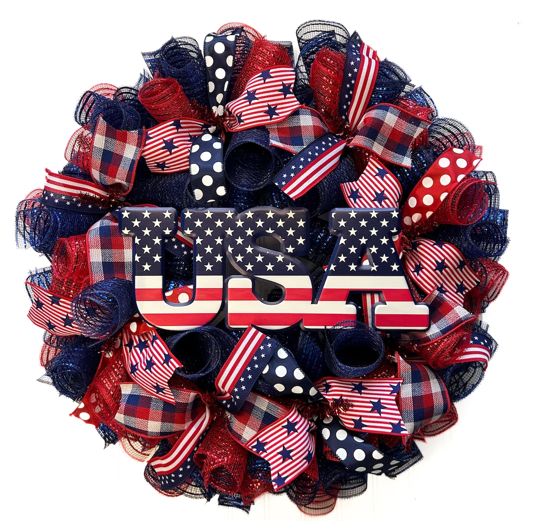 Patriotic USA Wreath, Red White and Blue Mesh, 4th of July Decor - Etsy