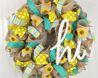 Summer wreath, sunflower front door wreath, teal and yellow  wreath, farmhouse wreaths, everyday wreath , summer wreaths for front  door l