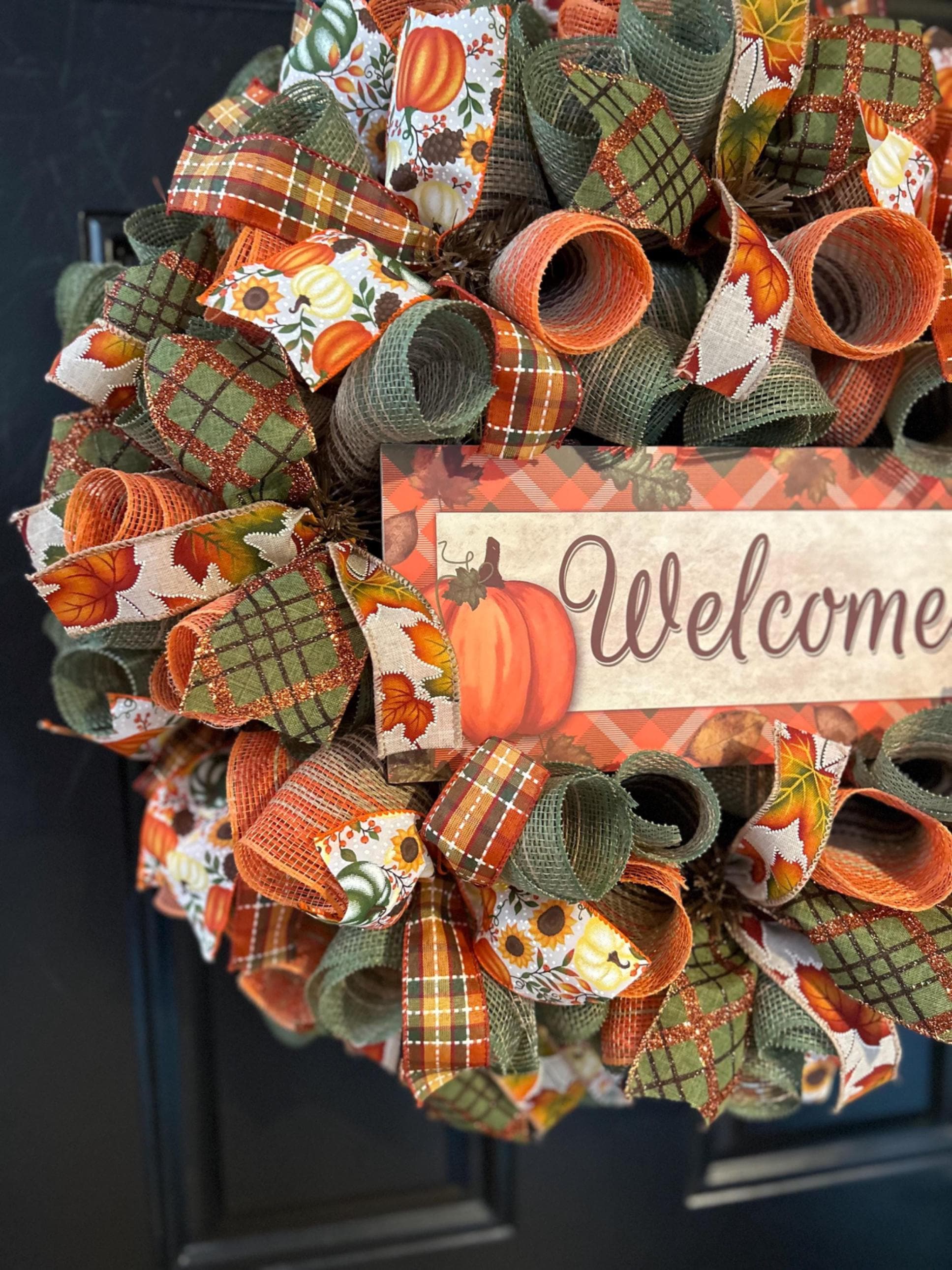 Fall Thanksgiving Mesh Front Door Wreath - Orange Brown Burlap Wreath ...