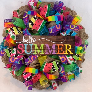 Summer wreath, colorful summer wreath, summer polka dot wreath, hello summer front door wreath, burlap summer wreath, summer door decor