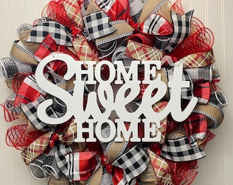 Farmhouse Buffalo Plaid Wreath, Red Black Burlap, Front Door Decor