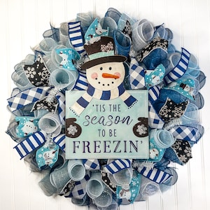 Snowman Winter Wreath, Blue and White Mesh, Door Hanger