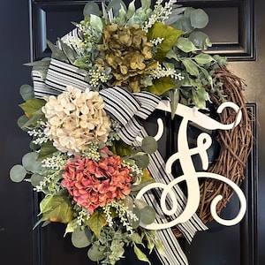 Hydrangea Grapevine Wreath with Monogram - Front Door Decor