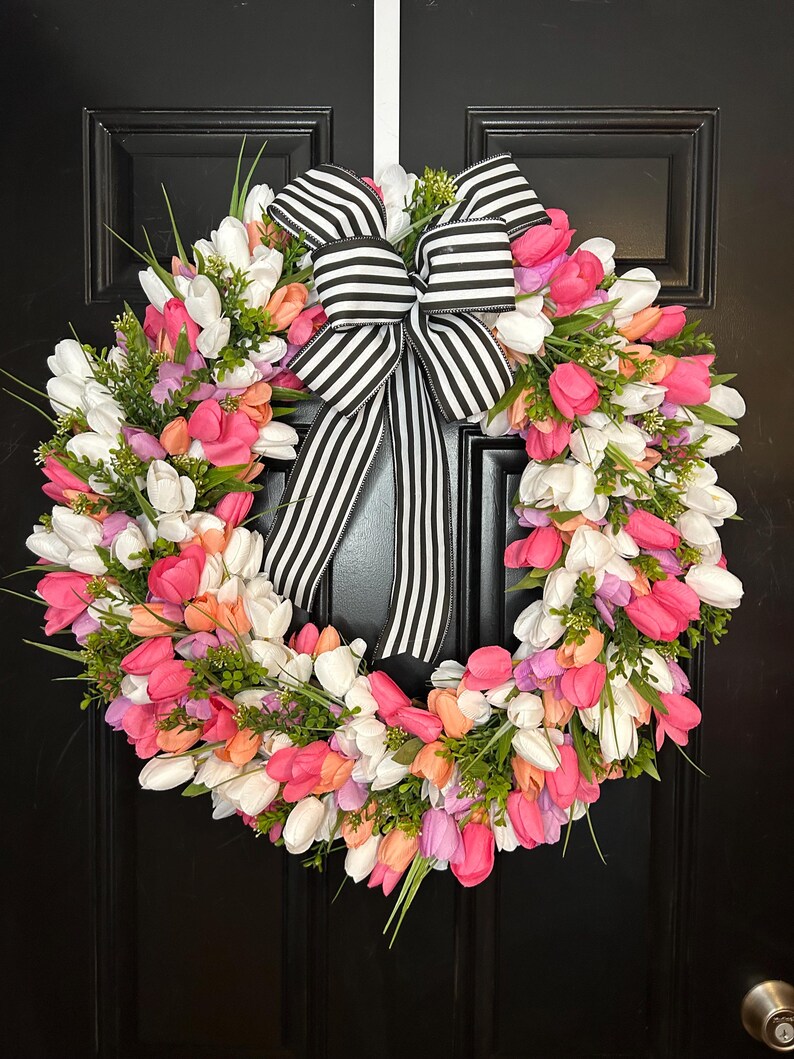 Spring Tulip Wreath: Pink Floral Door Decor, Farmhouse Style - Etsy