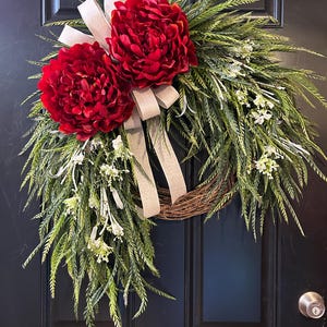 Peony & Hydrangea Wreath: Farmhouse Burlap Bow, Year Round Decor