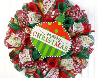 Red and Green Mesh Christmas Wreath, Traditional Holiday Decor