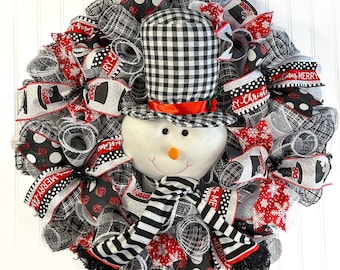 Snowman wreath, Christmas wreath, Buffalo plaid wreath, snowman door decor, snowman wreath for front door, mesh wreath, wreath for winter